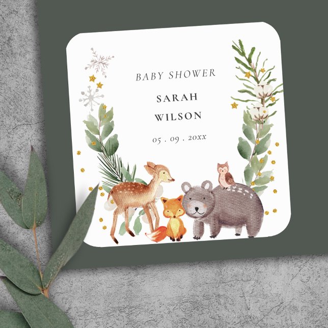 Niedliche Woodland Animal Leafy Wreath Baby Dusche Quadratischer Aufkleber (Von Creator hochgeladen)