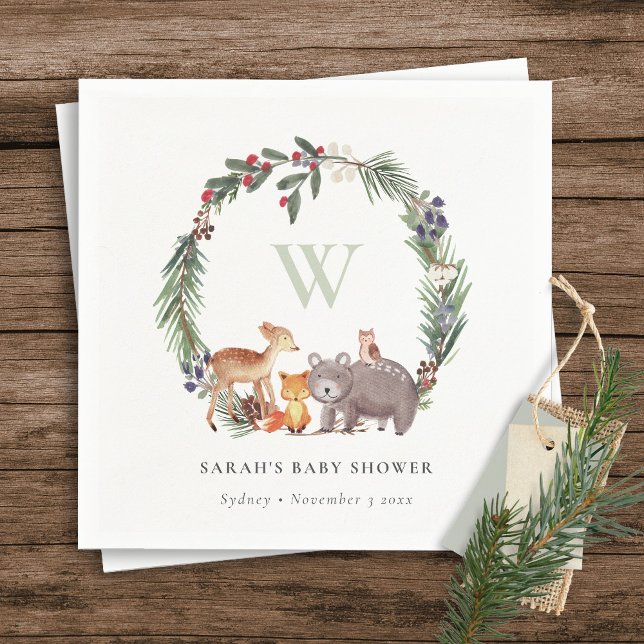 Niedliche Woodland Animal Leafy Wreath Baby Dusche Serviette (Von Creator hochgeladen)