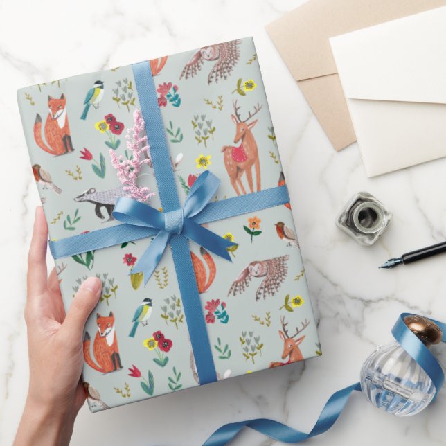 Niedliche Woodland Animals Blue Baby Dusche Geschenkpapier (Schenken)