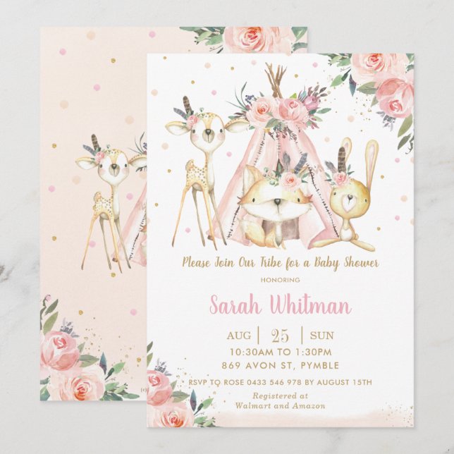 Niedliche Woodland Animals Boho Tribal Girl Babydu Einladung (Vorne/Hinten)