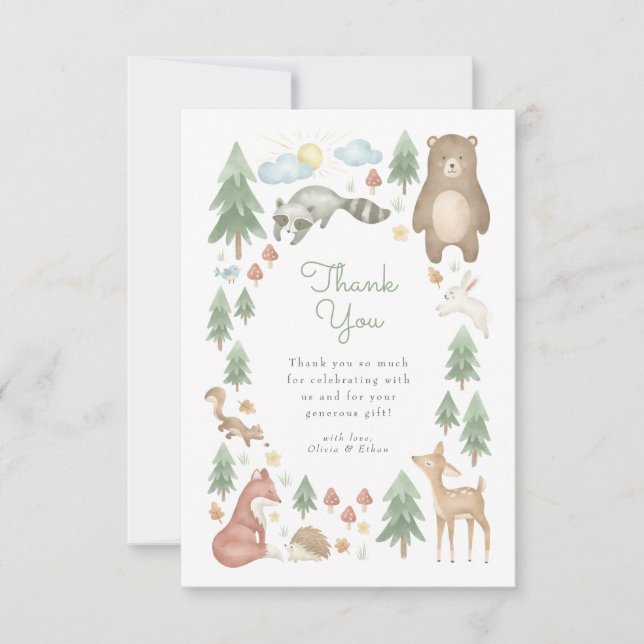 Niedliche Woodland Animals Kinderdusche Dankeskarte (Vorderseite)