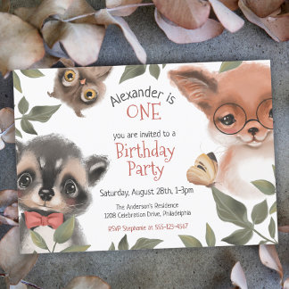Niedliche Woodland Animals Kinderparty Einladung