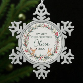 Niedliche Woodland Animes Baby Erste Weihnachten Schneeflocken Zinn-Ornament