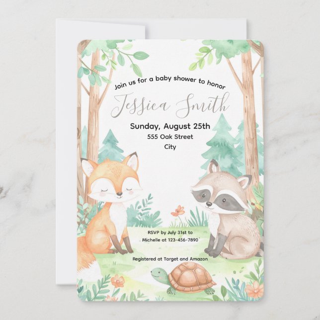 Niedliche Woodland Baby Dusche Thema Einladung (Vorderseite)