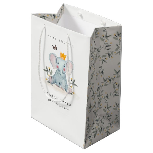 Niedliche Woodland Baby Elephant Foliage Baby Dusc Mittlere Geschenktüte (Rückseite Schrägansicht)