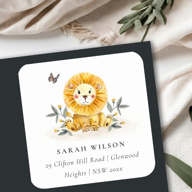 Niedliche Woodland Baby Lion Foliage Gelbe Adresse Quadratischer Aufkleber (Von Creator hochgeladen)
