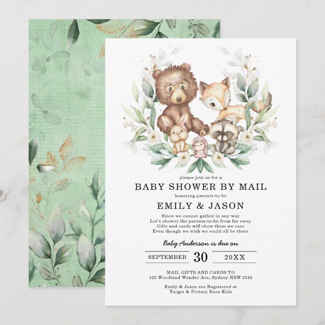 Niedliche Woodland Babydusche von Mail Greenery Go Einladung (Vorne/Hinten)