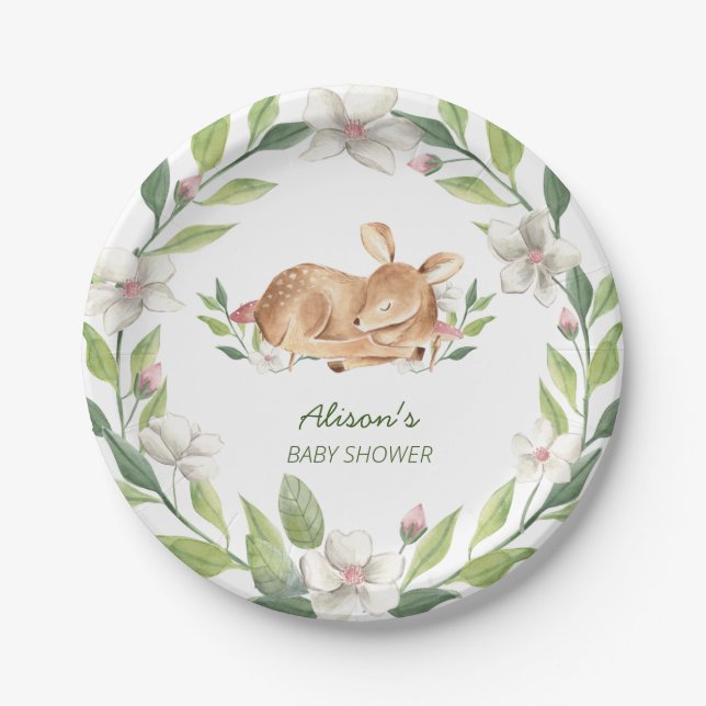 Niedliche Woodland Deer Blumengrün Kinderdusche 7" Pappteller (Vorderseite)
