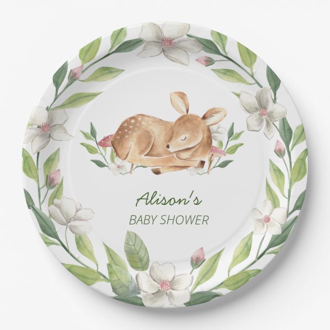 Niedliche Woodland Deer Blumengrün Kinderdusche 9" Pappteller (Vorderseite)