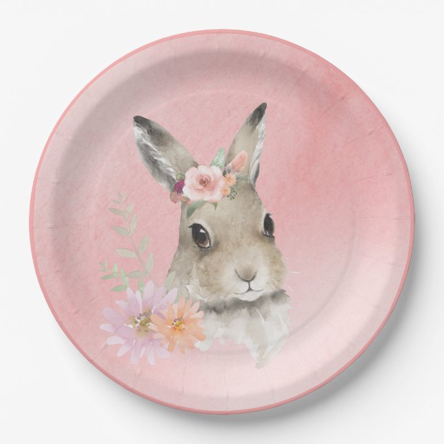 Niedliche Woodland Floral Bunny Watercolor Kinderd Pappteller (Vorderseite)