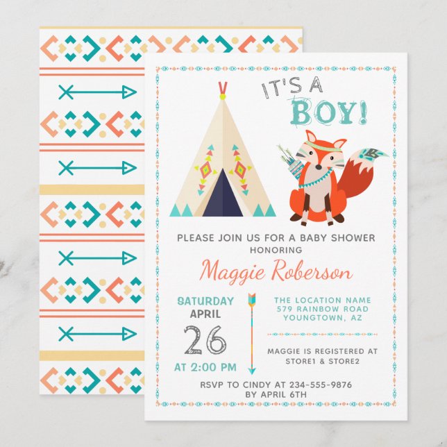 Niedliche Woodland Fox Boho Teepee Baby Dusche Einladung (Vorne/Hinten)