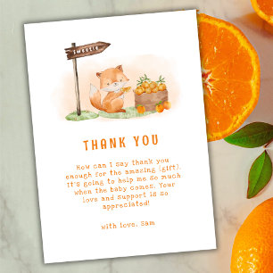 Niedliche Woodland Fox Citrus Orange Farm Baby Dus Dankeskarte