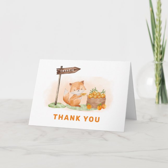 Niedliche Woodland Fox Citrus Orange Farm Baby Dus Dankeskarte (Vorderseite)
