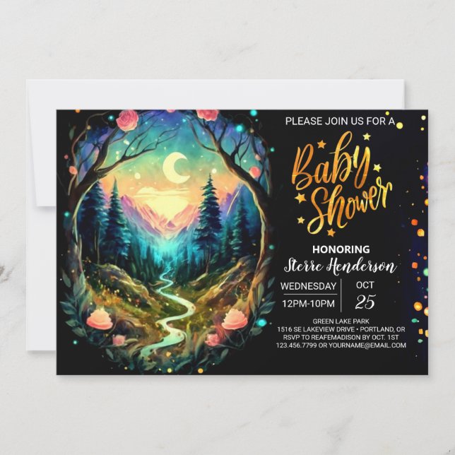 Niedliche Woodland Magic Adventure Baby Dusche Einladung (Vorderseite)