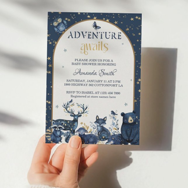 Niedliche Woodland Night Animal Adventure Baby Dus Einladung (Von Creator hochgeladen)