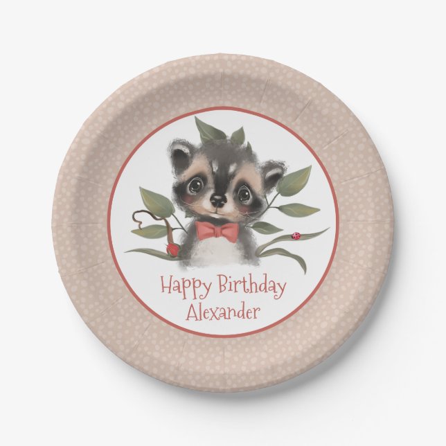 Niedliche Woodland Raccoon Boy's Geburtstagsparty Pappteller (Vorderseite)