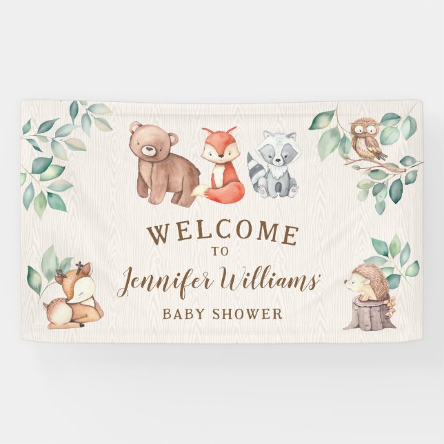 Niedliche Woodland Tiere Babydusche Begrüßung Bann Banner (Horizontal)