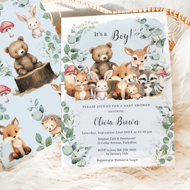 Niedliche Woodland Tiere Grüne Kinderdusche Einladung (Von Creator hochgeladen)