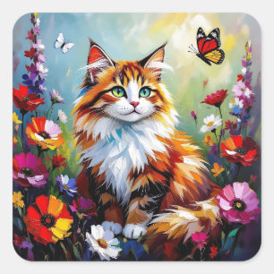 Niedliche wunderliche Katze, Blumen und Schmetterl Quadratischer Aufkleber