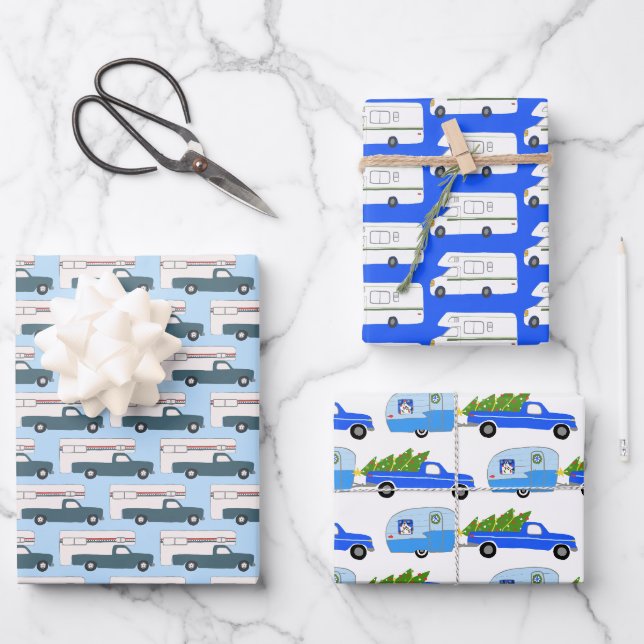 Niedliche Xmas Anhänger RV LKWs Farbenfrohe Ferien Geschenkpapier Set (Vorderseite)