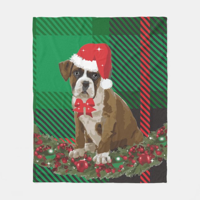 Niedliche Xmas Hunde Weihnachtsmannmütze Grün Kari Fleecedecke (Vorderseite)
