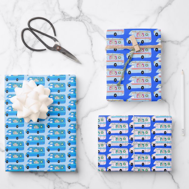 Niedliche Xmas RV Campers Motorhauben Holiday Blue Geschenkpapier Set (Vorderseite)