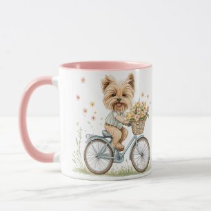 Niedliche Yorkie Dog Biking Spring Blumen Tasse
