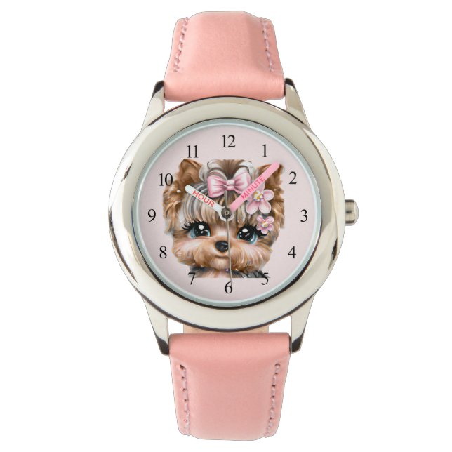 Niedliche Yorkie mit rosa Bow Armbanduhr (Vorderseite)