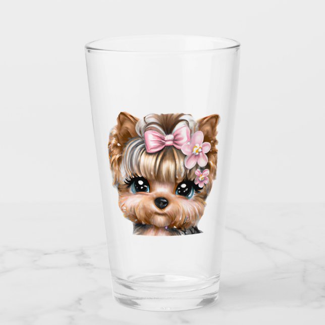Niedliche Yorkie mit rosa Bow Glas (Vorderseite)