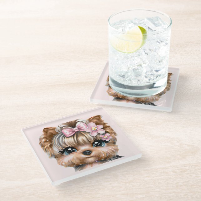 Niedliche Yorkie mit rosa Bow Glasuntersetzer (Schrägansicht)