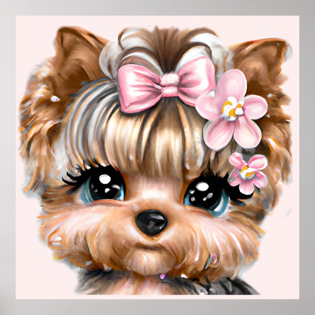 Niedliche Yorkie mit rosa Bow Poster (Vorne)