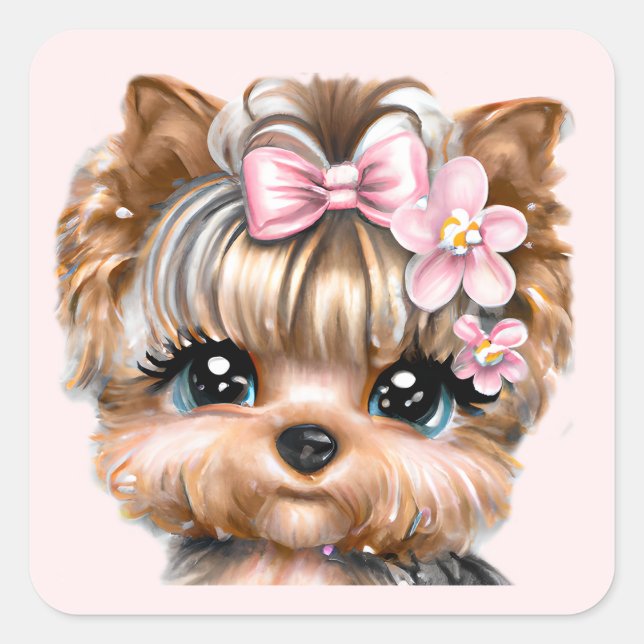 Niedliche Yorkie mit rosa Bow Quadratischer Aufkleber (Vorderseite)