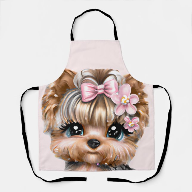 Niedliche Yorkie mit rosa Bow Schürze (Vorderseite)