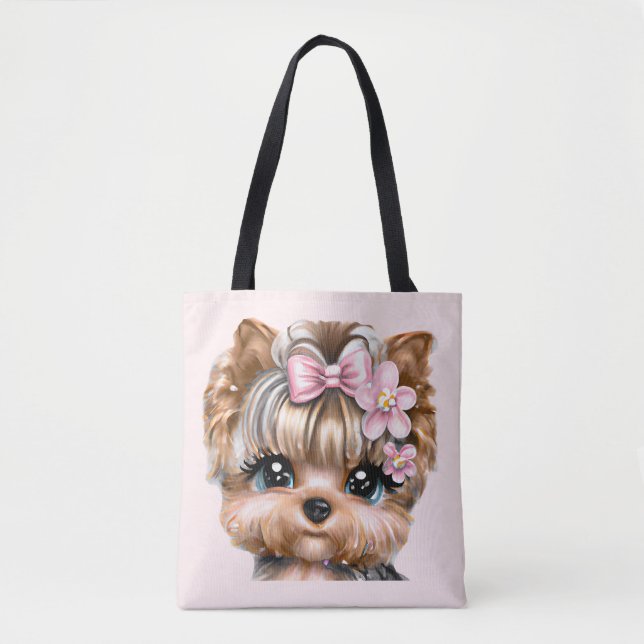Niedliche Yorkie mit rosa Bow Tasche (Vorderseite)