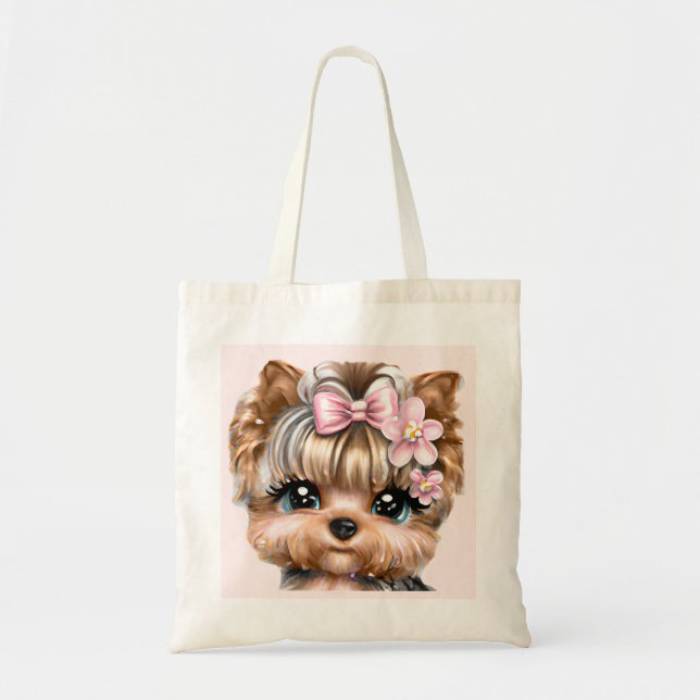 Niedliche Yorkie mit rosa Bow Tragetasche (Vorne)