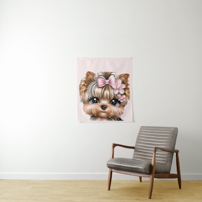 Niedliche Yorkie mit rosa Bow Wandteppich (Beispiel)