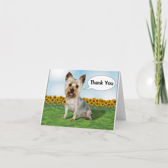 Niedliche Yorkie mit Sonnenblumen Dankeskarte (Vorderseite)