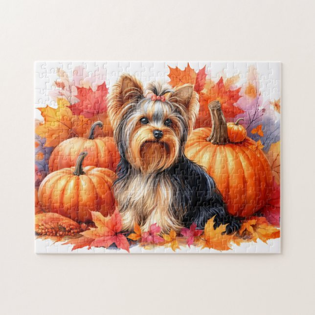 Niedliche Yorkie Terrier Herbstblätter und Pumpkin (Horizontal)