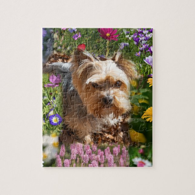 Niedliche Yorkshire Terrier Welpe & farbige Blume (Vertikal)