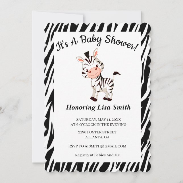 Niedliche Zebra Animal Print Baby Dusche Einladung (Vorderseite)