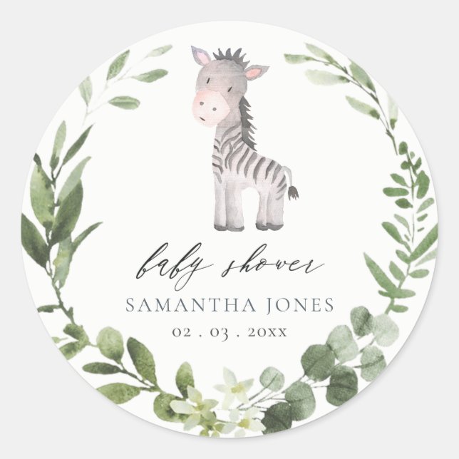 Niedliche Zebra Green Foliage Wreath Baby Dusche Runder Aufkleber (Vorderseite)