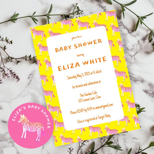 Niedliche Zebras Babydusche Einladung (Cute Colorful Zebras Custom Baby Shower Invitation
Yellow Pink)
