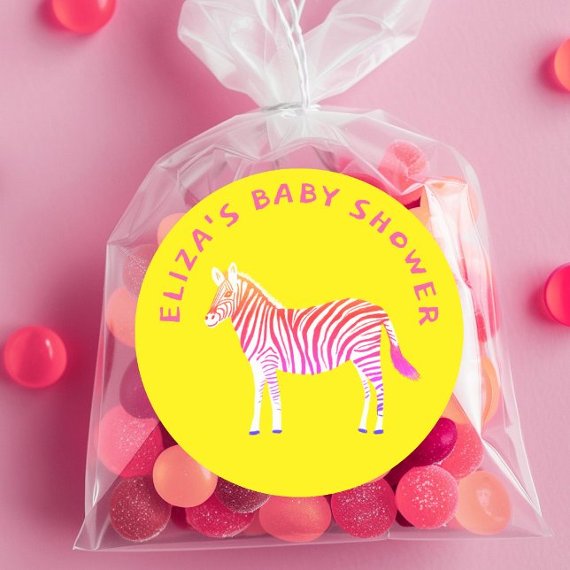 Niedliche Zebras Babydusche Runder Aufkleber (Cute Colorful Zebras Custom Baby Shower Classic Round Sticker
Yellow Pink)