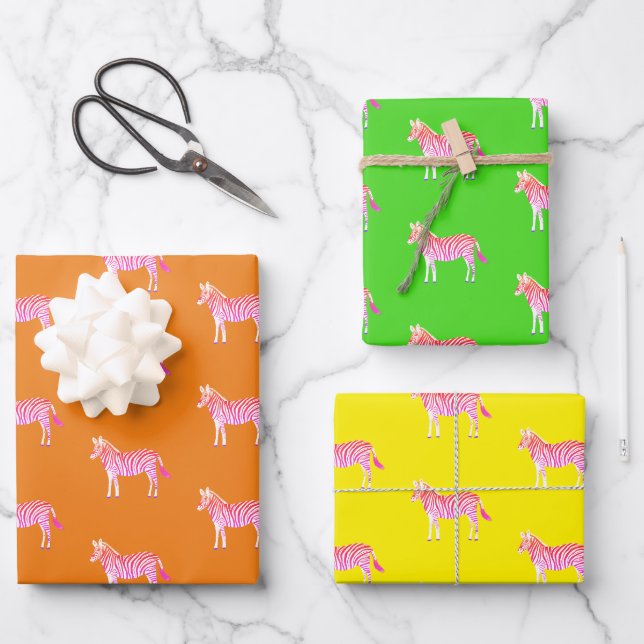 Niedliche Zebras-Farbdrucke Fett Limon rosa Geschenkpapier Set (Vorderseite)