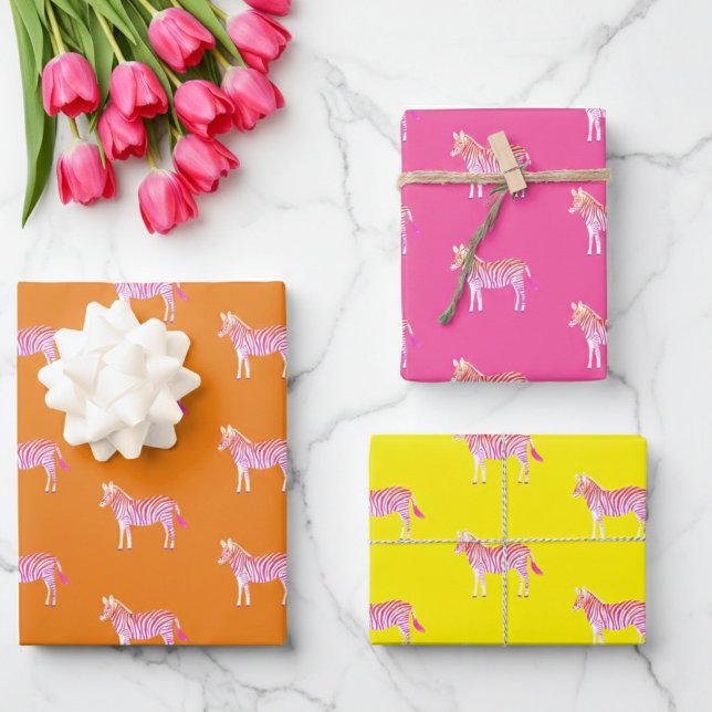 Niedliche Zebras-Farbe Geschenkpapier Set (Cute Colorful Zebras Animal Print Bold Bright Pink Wrapping Paper Sheets
)