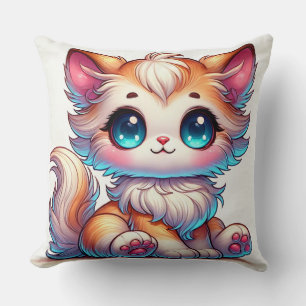 Niedliche Zeichentrick-Orangekatze mit großen blau Kissen