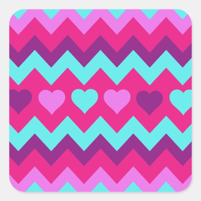 Niedliche Zickzack Herzen Rosa Aquamarin Teen Girl Quadratischer Aufkleber (Vorderseite)