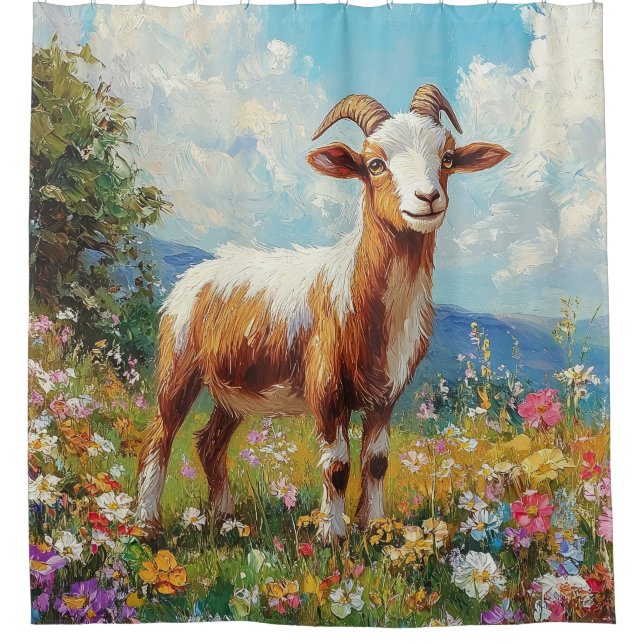 Niedliche Ziege farbenfrohe Wildblume Wiese Duschvorhang (Vorderseite)