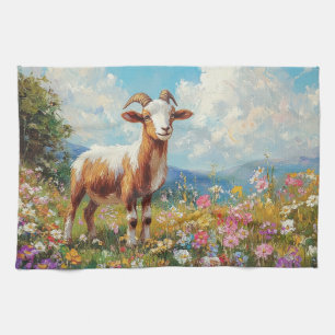 Niedliche Ziege farbenfrohe Wildblume Wiese Geschirrtuch