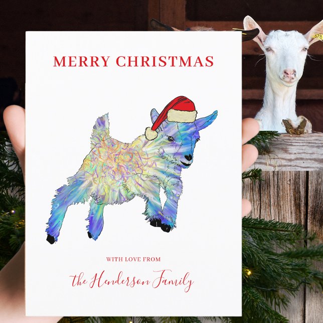 Niedliche Ziege mit einer Weihnachtsmannmütze Feiertagspostkarte (Merry Christmas cute jumping goat wearing a Santa hat illustration custom holiday budget postcard)